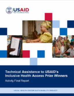 Thumbnail of report cover title and images of mobile phone, women using a tablet and people at a health center.