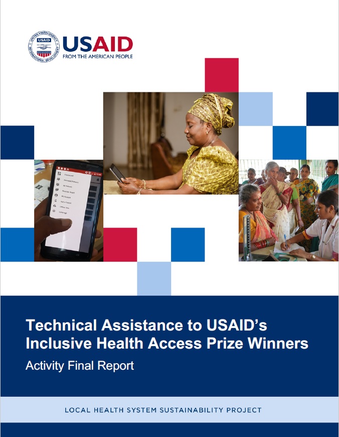 Image of report cover with title and images of a mobile phone, woman with tablet, and people at health center.